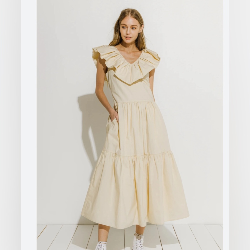 RUFFLED NECK SLEEVELESS MIDI DRESS